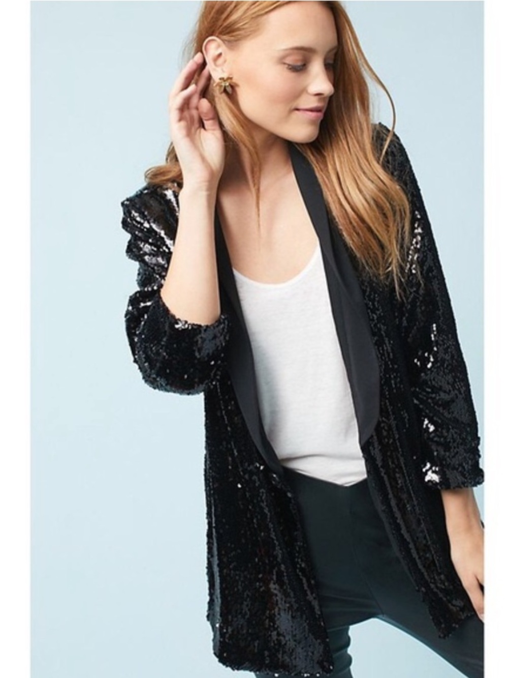 Anthropologie Cartonnier Black Sequined Blazer Tuxedo Jacket Large